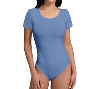 SHEIUGU Women’s Sleeveless Long Sleeve Crew Neck Ribbed Stretchy Slim Fit Tops Bodysuit Basic Jumpsuit, Short Sleeve Light Haze Blue, X-Large