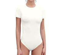 SHEIUGU Women's Crew Neck Short Sleeve Slim Fit T Shirts tops Basic Bodysuit Leotard Clothing, Short Sleeve Rice White, Large