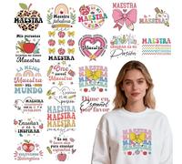 Shejdgart Dtf Transfers Ready to Press - 20 Pcs Teacher Iron on Patches for T-Shirts, School Iron on Transfer Stickers, Spanish Heat Transfer Vinyl Decals for DIY Fabric Clothes Decor