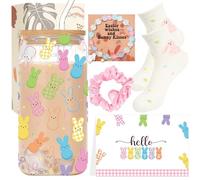 Shejdgart Easter Gifts Set for Women - 6 Pcs Easter Basket Stuffers for Adults, 16oz Glass Cup Socks Bracelet Greeting Card Silk Scrunchie Gift Set for Women, Unique Bunny Gift Ideas for Young Adults
