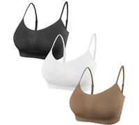 SHEKINI 3 Pcs Women's Sport Bra Seamless Padded Bralettes Yoga Bras Adjustable Leisure Stretch Crop Tops Cami Bras for Women Girl, Black+White+Brown