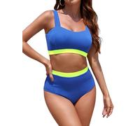 SHEKINI Bikini Sets for Women Ribbed Swimwear Wide Shoulder Straps Two Piece Swimsuit Push Up Bandeau Top High Waisted Bikini Bottom Modest Sports Swimming Costume Bathing Suits