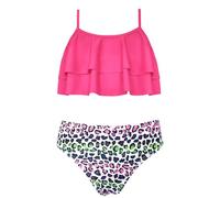 SHEKINI Girls Swimsuit 2 Pieces Swimwear Ruffles Bikini Tankini Set Print Bottoms Cute Swimming Costume for Kids 6-12 Years, Hot Pink, 8