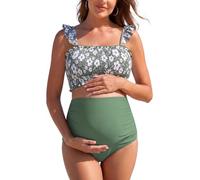 SHEKINI High Waisted Maternity Swimsuit Bandeau Ruffle 2 Pieces Bikini Set