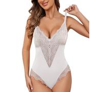 SHEKINI Lace Bodysuit Women's Tummy Control Body Shaper Non-Wired Deep V-Neck Lace Shapewear Bodice Body, White, S