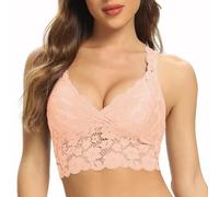 SHEKINI Lace Bralette for Women Padded Wireless Longline Bra Cross Back Crop Top Comfort Everyday Brassiere, Pink, Small