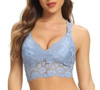 SHEKINI Lace Bralette for Women Padded Wireless Longline Bra Cross Back Crop Top Comfort Everyday Brassiere, Airy Blue, X-Large