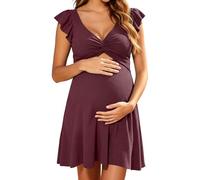 SHEKINI Maternity One Piece Swim Dress Ribbed Ruffle Sleeve Swimsuit | V Neck Pregnancy Bathing Suit, A Line Tummy Control Swimwear, Twisted Cutout Front, Removable Pads