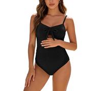 SHEKINI Maternity One Piece Swimwear Pregnancy Crinkled Front Tie Bathing Suits with Adjustable Shoulder Straps Textured Cutout Ruched Swimsuit Black