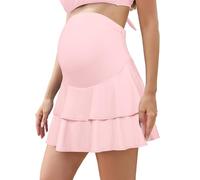 SHEKINI Maternity Ruffled Skirt Over and Under Belly High Waisted Flowy Pregnancy Athletic Skorts Built-in Shorts for Tennis Golf, Pink, X-Large