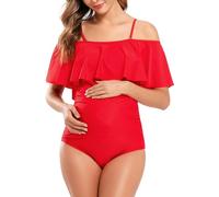 SHEKINI Maternity Swimsuits Off-Shoulder One Piece Swimwear Ruffled Flounce Pregnancy Bathing Suit, Red, Medium