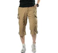 SHEKINI Men's Cotton Capri Cargo Shorts Below Knee 3/4 Length Casual Shorts with Elastic Waist & Multi-Pockets for Summer Outdoor Streetwear(Khaki,XL)