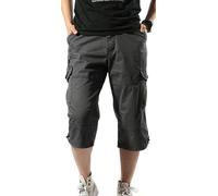 SHEKINI Men's Cotton Capri Cargo Shorts Below Knee 3/4 Length Casual Shorts with Elastic Waist & Multi-Pockets for Summer Outdoor Streetwear(Grey,S)