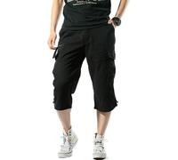 SHEKINI Men's Cotton Capri Cargo Shorts Below Knee 3/4 Length Casual Shorts with Elastic Waist & Multi-Pockets for Summer Outdoor Streetwear(Black,XL)