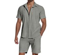 SHEKINI Men's Pyjamas 2 Pieces Cotton Linen Shirt Tracksuits Set Short Sleeve Button Down Shirts Summer Beach Shorts Casual Vacation Outfits Lounge Nightwear Pyjamas(Grey,M)
