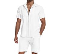 SHEKINI Men's Pyjamas 2 Pieces Cotton Linen Shirt Tracksuits Set Short Sleeve Button Down Shirts Summer Beach Shorts Casual Vacation Outfits Lounge Nightwear Pyjamas(White,M)