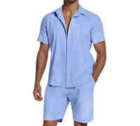 SHEKINI Men's Pyjamas 2 Pieces Cotton Linen Shirt Tracksuits Set Short Sleeve Button Down Shirts Summer Beach Shorts Casual Vacation Outfits Lounge Nightwear Pyjamas(Sky Blue,XL)