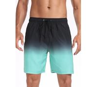 SHEKINI Men's Swim Trunks Quick Dry Swimming Shorts with Compression Liner Pockets Stretchy Summer Beach Boxers, Black & Green Gradient, Large