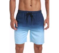 SHEKINI Men's Swim Trunks Quick Dry Swimming Shorts with Compression Liner Pockets Stretchy Summer Beach Boxers, Navy Blue & Light Blue Gradient, Large