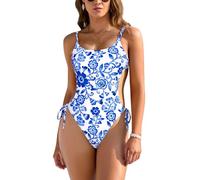 SHEKINI One Piece Swimsuit for Women Sexy High Cut Bathing Suit Scoop Neck Ties Vintage Adjustable Padded Backless Monokini Beach Swimwear Summer, Floral Printed, XL Blue