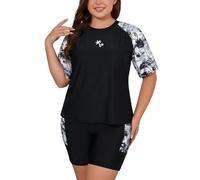 SHEKINI Plus Size 2 Piece Rash Guard Swimsuit for Women Built-in-Bra Short Sleeve Swim Shirt & Boyshort with Pockets Swimming Costumes Swimwear(Black Coconut Palm,XXL)