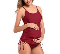SHEKINI Pregnant Two Pieces Swimwear Plus Size Padded Swimsuits Tie Side Adjustable Straps Bathing Suit Wine Red-L