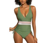 SHEKINI Women One Piece Swimsuit V Neck Tummy Control Color Block Bathing Suit Side Adjustable Drawstring Swimwear Green-L