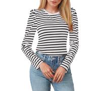 SHEKINI Women Puff Long Sleeve Striped T-Shirt Plus Size Crewneck Casual Basic Tee Shirts Slim Fit Top, White, Large