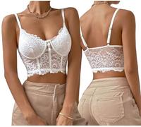 SHEKINI Women Sexy Lace Bralette Deep V Wireless Full Coverage Bras Hollow Out Spaghetti Strappy Camisole Crop Top White-S