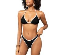 SHEKINI Women Triangle Bikinis Halter String Bikini Set Cheeky High Cut Sexy Two Piece Thong Swimsuit Bathing Suits, Black, X-Large