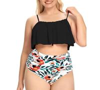SHEKINI Women Two Pieces Plus Size Swimsuits Spaghetti Strap Scoop Neck Bikini Bra Top & High Waisted Bikini Bottom Black-3XL