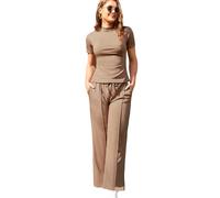 SHEKINI Women's 2 Piece Sets 2026 Ribbed Outfits Spring Casual Mock Neck Short Sleeve Top Wide Leg Pants Matching Lounge Set with Drawstring Waist