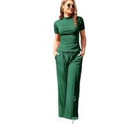 SHEKINI Women's 2 Piece Sets 2026 Ribbed Outfits Spring Casual Mock Neck Short Sleeve Top Wide Leg Pants Matching Lounge Set with Drawstring Waist