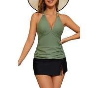 SHEKINI Women's 2 Piece Swimsuits Halter V Neck Tankini Set with Skirt Bottom Bathing Suit Swimswear Olive-Green