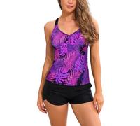 SHEKINI Womens 2 Piece Tankini Set Cross Back Tank Top with Pockets Boyshorts Modest Bathing Suit Sporty Swimsuit, Purple Leaves, Medium
