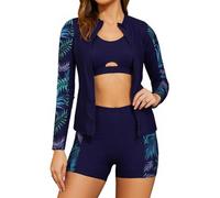 SHEKINI Women's 3 Piece Rash Guard Sets Long Sleeve | Zip Up, UV Sun Protection Swimwear, Slim Fit Beach Surfing Swimsuits, Swim Shirt with High-waisted Boyshorts, Removable Pads