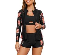 SHEKINI Women's 3 Piece Rash Guard Sets Long Sleeve Zip Up UV Sun Protection Swimwear Slim Fit Beach Surfing Swimsuits Swim Shirt with Boyshorts