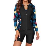 SHEKINI Women's 3 Pieces Long Sleeve Rush Guard Zip Front Athletic Swimsuit Sports Bra with Boyshort Bottoms Tankini Swimwear, Rose Yellow Flower, Large