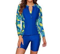 SHEKINI Women's 3 Pieces Long Sleeve Rush Guard Zip Front Athletic Swimsuit Sports Bra with Boyshort Bottoms Tankini Swimwear, Blue+Print, X-Large
