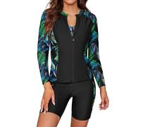 SHEKINI Women's 3 Pieces Long Sleeve Rush Guard Zip Front Athletic Swimsuit Sports Bra with Boyshort Bottoms Tankini Swimwear, Yellow Green Leaf, Large