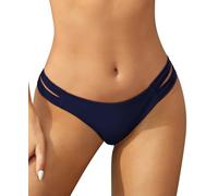SHEKINI Womens Bikini Bottoms Low Rise Brazilian Thong Strappy Swim Bottom Retro Basic Modest Coverage Swimwear Shorts High Cut, Navy, L