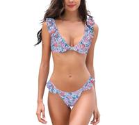 SHEKINI Women's Bikini Set Ruffles Two Piece Swimsuit with Low Waisted Brazilian Bottoms Padded Push up Bathing Suit Sexy Micro Swimwear for Women, Blue Pink Floral Printed, XL