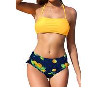SHEKINI Women's Bikini Sets Back Tie Knotted Swimsuit Halter Padded Strapless Bandeau Top Bottom with Tummy Control Two Piece Bathing Suit Yellow