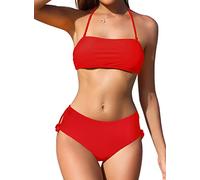 SHEKINI Women's Bikini Sets Back Tie Knotted Swimsuit Halter Padded Strapless Bandeau Top Bottom with Tummy Control Two Piece Bathing Suit Red