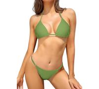 SHEKINI Womens Halter Thong Bikini Sets Triangle Padded Backless Top Green