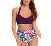 SHEKINI Womens High Waisted Bikini Set Sexy Halter Neck Twist Front Swimsuit 2 Pieces Beach High Cut Bathing Suit Purple-S
