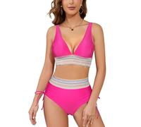 SHEKINI Women's High Waisted Bikini Sets 2 Pieces Bathing Suit V Neck High Cut Tummy Control Swimsuit Set Drawstring Swimwear Pitaya Red-L