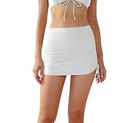 SHEKINI Women's High Waisted Swim Skirt Side Drawstring Tummy Control Skirted Bikini Bottoms with Briefs, White, M