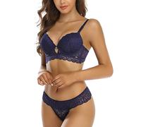 SHEKINI Women's Hollow Out Underwire Bra and Thong Set Sexy Two Piece Floral Lace Lingerie Sets, Navy Blue, 38C