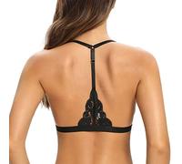 SHEKINI Women's Lace Bra Triangle Bralette Wireless Removable Padded Front Hook Closure Brassiere Adjustable Bras V Neck Halter Breathable Ladies Underwear, Black